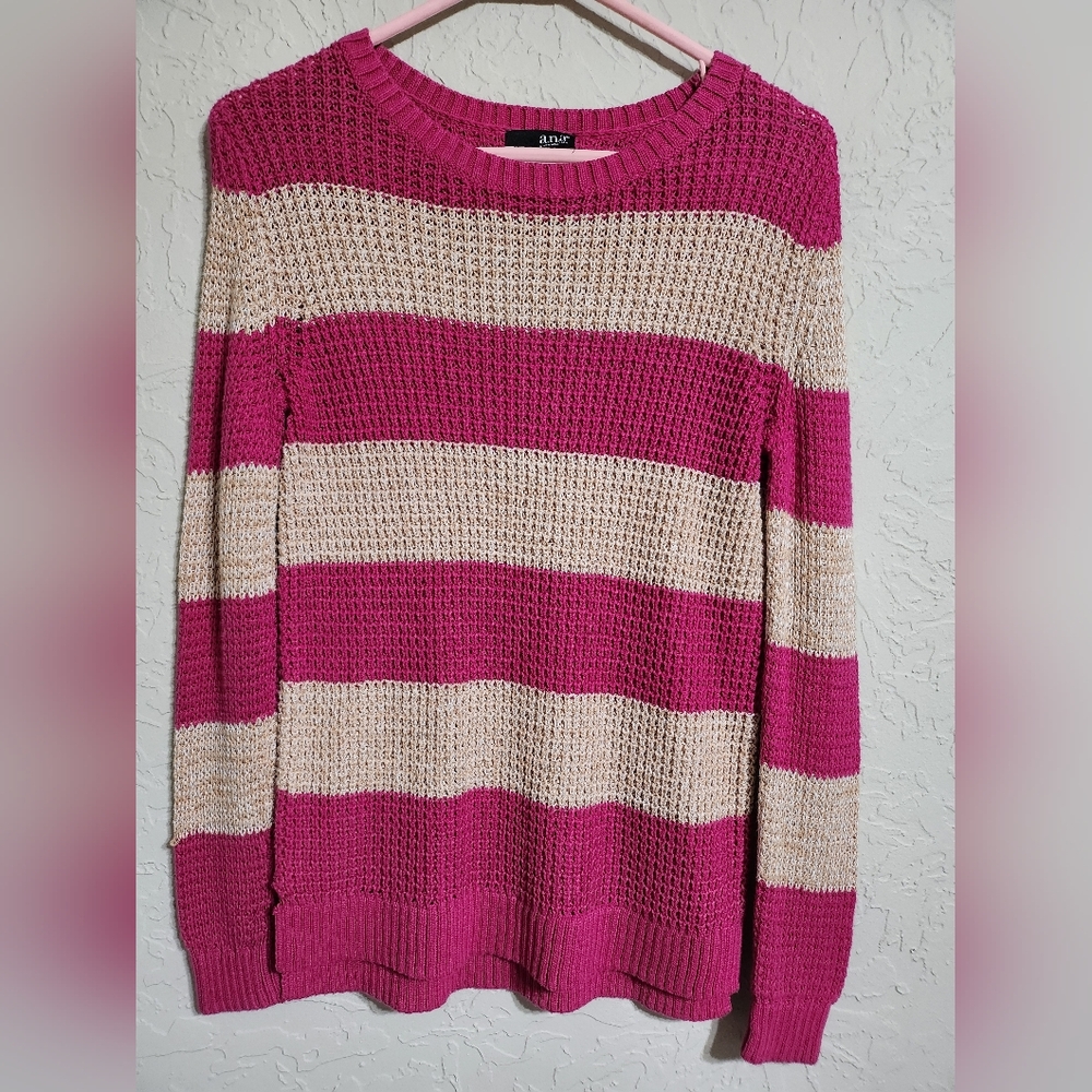 a.n.a Pink and Cream Crew Neck Sweater with Bold Stripes